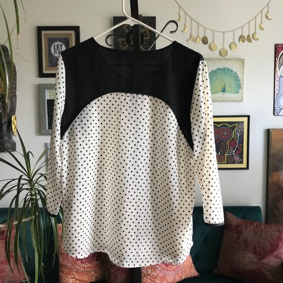 41 HAWTHORN size M Ivory & Black Polka Dot 3/4 Sleeve Popover Blouse Top - Picture 3 of 4